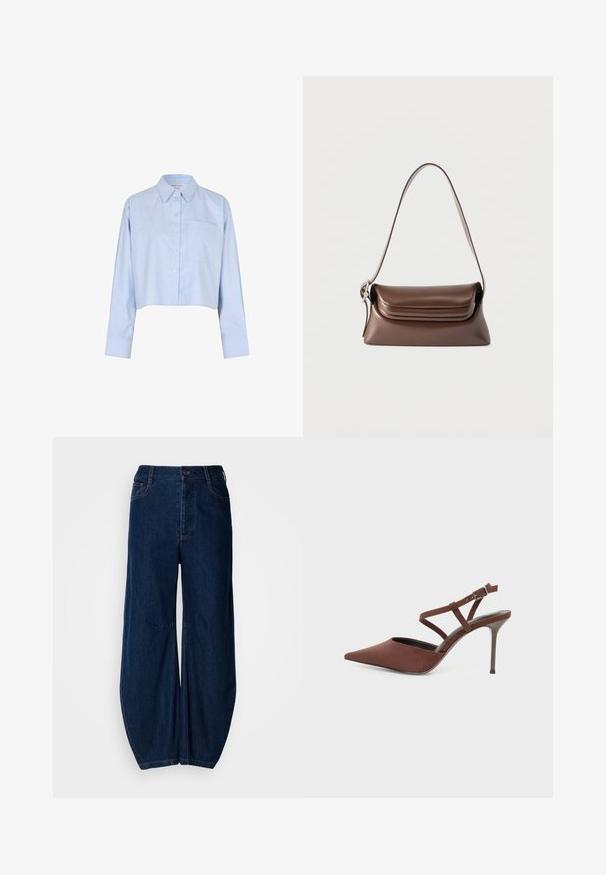 Himmelblaues, kurzes Button-Down-Hemd mit langen Ärmeln, spitzem Kragen und einer einzelnen Brusttasche.; Dunkelblaue Jeans mit weitem Bein und hoher Taille, Knopfverschluss und zwei vorderen Taschen. Sie verfügt über eine glatte Textur und sichtbare Nähte.; Brauner High-Heel-Schuh mit spitz zulaufender Vorderkappe, schmalen Knöchelriemen und kleiner Schnalle auf hellem Hintergrund.; Braune Leder-Schultertasche mit einer silbernen Schnalle am Riemen und einer Überschlagklappe, dargestellt vor weißem Hintergrund.