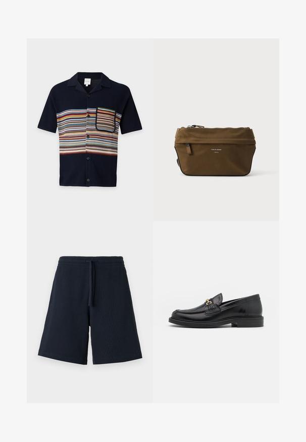 Chemise bleu marine à manches courtes avec boutons, rayures horizontales multicolores sur la poitrine et poche poitrine rayée assortie.; Shorts bleu marine en maille gaufrée avec taille élastique et cordon de serrage devant, longueur genou et style décontracté.; Mocassins en cuir noir avec un embout rond, présentant des accents en métal doré et des détails de couture, montés sur une semelle en caoutchouc texturé et basse.; Trousse rectangulaire marron à fermeture éclair, avec petite poche avant et texte "Tiger of Sweden 1903" sur le devant.
