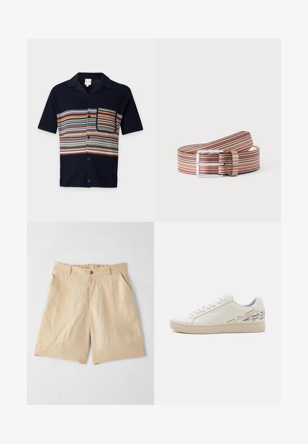 Chemise bleu marine à manches courtes avec boutons, rayures horizontales multicolores sur la poitrine et poche poitrine rayée assortie.; Paul Smith Short - sand; Baskets en cuir blanc avec une texture lisse, présentant des motifs de lignes colorées au niveau du talon et une semelle en caoutchouc beige.; Ceinture en cuir enroulée avec un motif rayé horizontal coloré et une boucle rectangulaire argentée sur un fond uni.