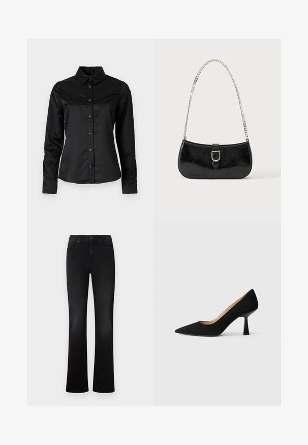 Sorte satinskjorte med knaplukning foran, spidse krave og western-inspireret yoke med to brystlommer. Lange ærmer med manchetter.; Sorte denim flared jeans med fem lommer, en frontknaplukning og en glat overflade. Har en klassisk pasform og jævn syning.; Sorte ruskinds højhælede pumps med spids tå, der har en blank sort blokhæl og en glat indvendig foring.; Sort skuldertaske i laklæder med sølv spænde og sølv kæderem, vist mod en ensartet lys baggrund.