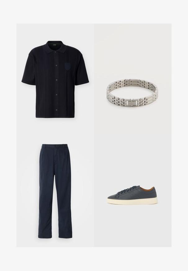 Chemise noire à manches courtes avec des rayures verticales texturées, un col et un petit badge sur la poitrine côté gauche.; Pantalon bleu marine en mélange de coton. Présente une coupe droite, une fermeture à bouton sur le devant et de légères plis. Texture douce.; Baskets en cuir bleu marine avec une semelle crème, dotées d'une fermeture à lacets, d'une pointe arrondie et d'éléments de design minimalistes incluant des accents ton sur ton.; Bracelet à maillons en métal argenté avec une fermeture plate, comportant des maillons rectangulaires et arrondis en motif répétitif.