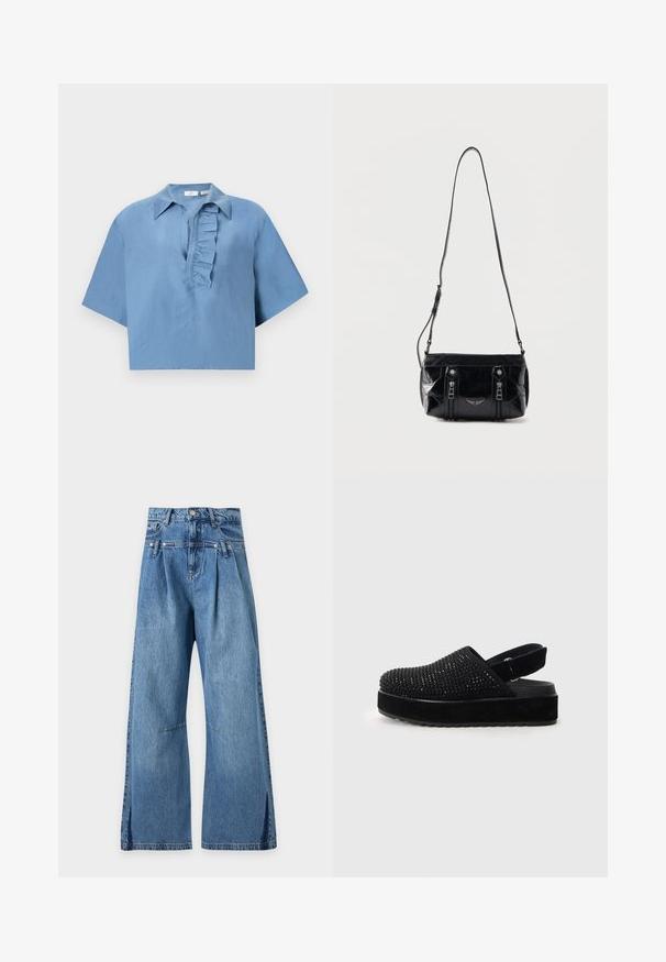 Kortærmet, blå skjorte lavet af glat stof, med knap- down krave og en flæseplade langs fronten. Afkortet design.; Blå højtaljede jeans med brede ben, læg under linningen og diskret horisontal syning ved lårene, vist på en ensfarvet baggrund.; Sorte platform clogs med en struktureret, nittebesat overdel og en ruskindsoverflade. Justerbar rem bagpå for et sikkert fit.; Sort skuldertaske i læder med justerbar rem, to lodrette lynlåse foran og et lille metalvinge-emblem under lynlåsene.