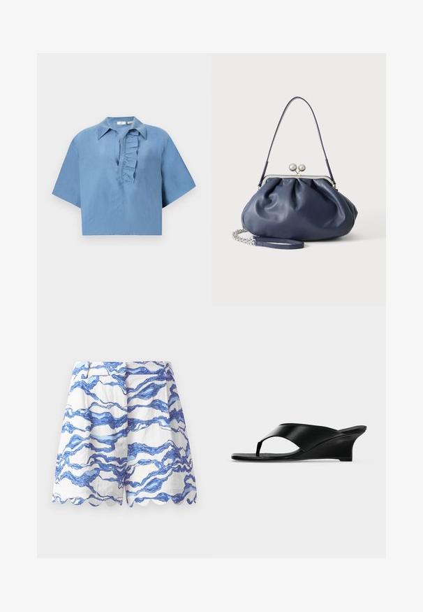 Blauw shirt met korte mouwen, gemaakt van gladde stof, met een button-down kraag en een gerimpelde sluiting aan de voorkant. Korte snit.; Witte shorts met blauw golfpatroon, gegolfde zoom, lichtgewicht stof, geplooide voorkant en een ontspannen pasvorm. Geschikt voor casual wear.; Zwarte leren sleehak sandaal met teenriempje en open teen, met een lage gebogen hak en strak minimalistisch ontwerp.; Zachte navyblauwe leren handtas met zilveren sluiting, enkele schouderband en afneembare ketting polsband op witte achtergrond.