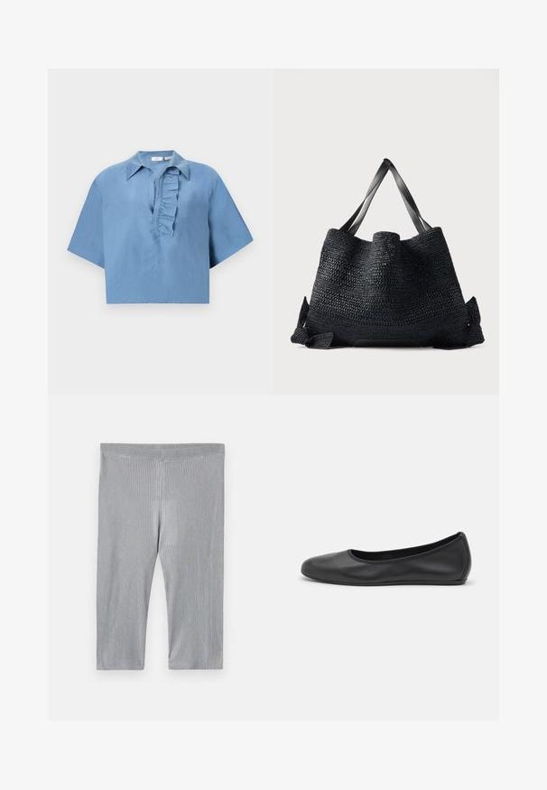 Blauw shirt met korte mouwen, gemaakt van gladde stof, met een button-down kraag en een gerimpelde sluiting aan de voorkant. Korte snit.; Grijze geribbelde legging met een subtiel streeppatroon, voorzien van een elastische tailleband en een gladde textuur. Ontwerp met halflange pijpen tot halverwege het onderbeen.; Zwarte leren ballerina met een ronde neus, gladde textuur, minimale stikdetails en een flexibele zoolontwerp.; Grote zwarte geweven draagtas met brede platte handvatten en een open bovenkant, geplaatst tegen een effen lichte achtergrond.