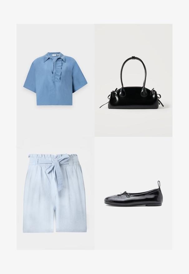Blauw shirt met korte mouwen, gemaakt van gladde stof, met een button-down kraag en een gerimpelde sluiting aan de voorkant. Korte snit.; Lichtblauwe shorts met hoge taille, met geplooide elastische tailleband en bijpassende stoffen ceintuur gestrikt.; Zwarte gepoetste leren balletschoenen met een ronde neus, een klein strikje en een gladde textuur; heeft een lage platte zool en een lusje aan de hiel.; Kleine zwarte glanzende handtas met twee lange hengsels en zijkant trekkoord details op een effen lichte achtergrond.