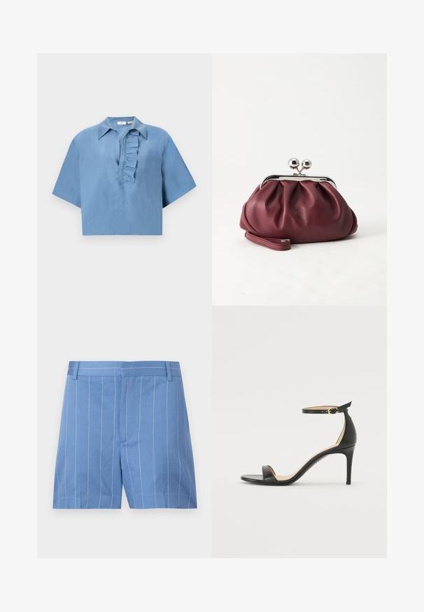 Blauw shirt met korte mouwen, gemaakt van gladde stof, met een button-down kraag en een gerimpelde sluiting aan de voorkant. Korte snit.; Lichtblauwe shorts met witte verticale strepen, met een gladde textuur, vlakke voorkant en een standaard tailleband met riemlussen.; Zwarte leren hoge hak sandaal met enkelbandje. Heeft een gladde textuur, open teen en een dunne hak. Gouden gesp detail.; Kleine bordeauxrode leren clutch-portemonnee met zilverkleurige metalen sluiting en polsbandje op een witte achtergrond.
