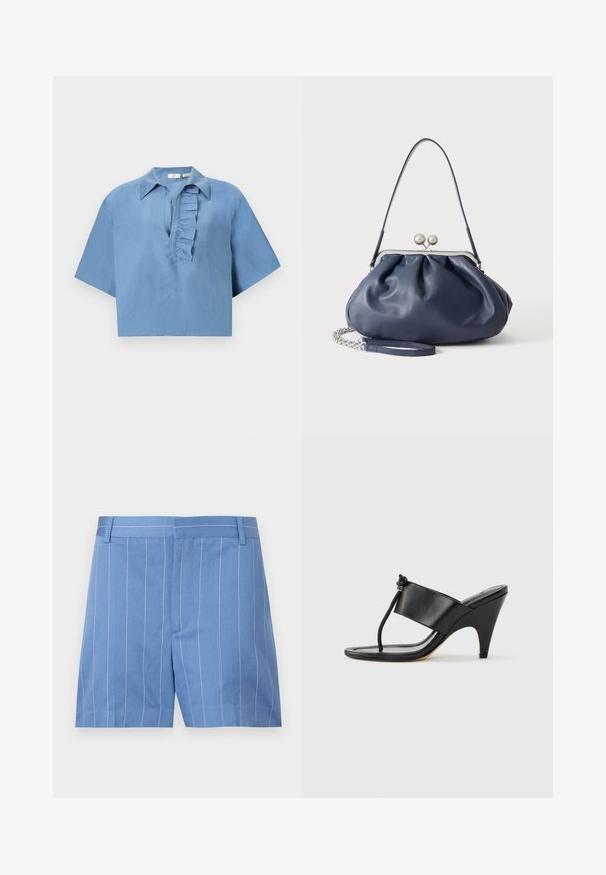 Blauw shirt met korte mouwen, gemaakt van gladde stof, met een button-down kraag en een gerimpelde sluiting aan de voorkant. Korte snit.; Lichtblauwe shorts met witte verticale strepen, met een gladde textuur, vlakke voorkant en een standaard tailleband met riemlussen.; Zwarte sandaal met hoge hak, voorzien van een brede voorband en een teenlus met een knoopdetail van koord, vanuit zijaanzicht getoond op een witte achtergrond.; Zachte navyblauwe leren handtas met zilveren sluiting, enkele schouderband en afneembare ketting polsband op witte achtergrond.