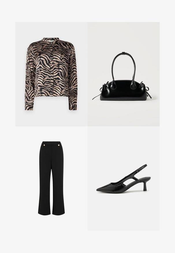 Chemise noire à manches longues, arborant un motif de feuilles ondulées en rose doré. Dotée d'un col mandarin et d'une fermeture à boutons. Texture du tissu lisse.; Pantalons larges noirs avec une texture lisse, dotés d'une taille haute, de deux boutons dorés et d'un design ajusté. Pas de poches visibles.; Escarpins noirs à talon ouvert avec un embout pointu, fabriqués en matériau brillant, présentant des accents découpés et un talon modéré pour un bon soutien.; Petit sac à main noir brillant avec deux longues anses et des détails à cordon sur les côtés sur un fond clair uni.