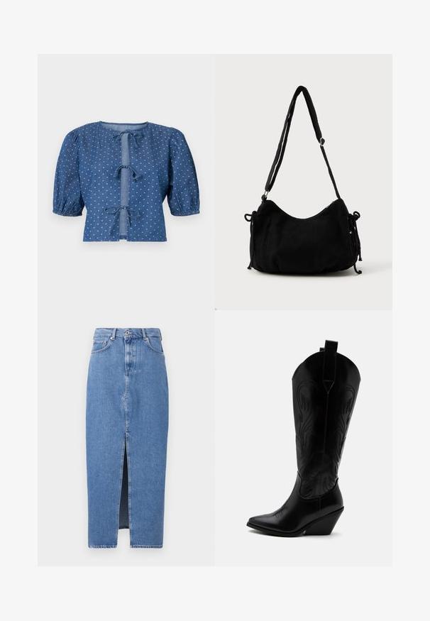 Blouse en denim bleu foncé avec des manches bouffantes, présentant des fermetures à nouer et un motif subtil de petits diamants blancs à travers.; Jupe midi en denim bleu clair avec une fente avant, design classique à cinq poches et fermeture par bouton supérieur. Le tissu présente une légère texture.; Botte de cowboy en cuir noir avec bout pointu, talon bloc incliné, couture décorative et languettes en haut sur fond blanc.; Sac à épaule en velours côtelé noir avec une forme courbée, bandoulière réglable et fermetures à cordon des deux côtés pour un ajustement de taille.