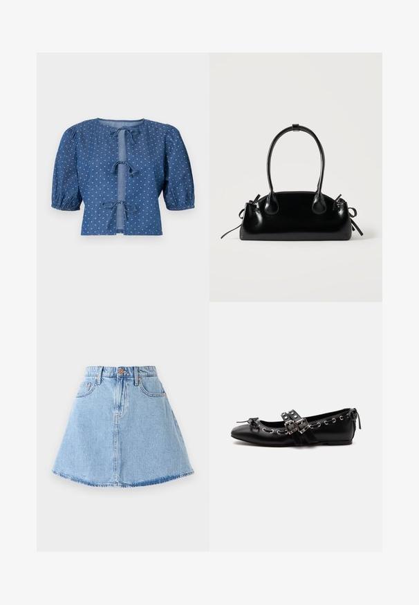 Blouse en denim bleu foncé avec des manches bouffantes, présentant des fermetures à nouer et un motif subtil de petits diamants blancs à travers.; Jupe en denim en forme A de couleur bleu clair avec un ourlet effiloché, cinq poches et une fermeture à boutons. Présente des garnitures en ton cuivre et des détails de couture subtils.; Chaussure de ballet plate noire avec doubles brides à boucle, œillets argentés et petit nœud près de l’orteil arrondi sur fond blanc.; Petit sac à main noir brillant avec deux longues anses et des détails à cordon sur les côtés sur un fond clair uni.