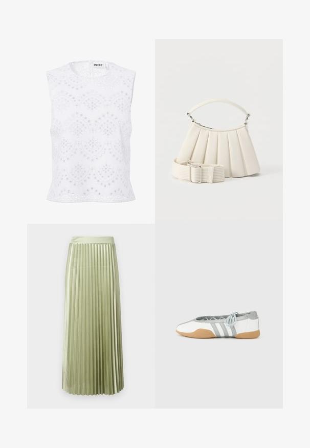 Blouse blanche sans manches avec encolure ronde, broderie anglaise et motifs festonnés, présentée sur un fond uni.; Jupe midi plissée en satin vert clair avec une texture lisse. Taille ajustée, longueur mi-mollet, avec des plis verticaux réguliers sur toute la surface.; Ballerines blanches et grises avec un bout arrondi et un lacet élastique, présentant trois rayures grises, et une semelle en caoutchouc beige.; Sac à main blanc plissé avec poignée courte et une large bandoulière amovible texturée avec boucle argentée.