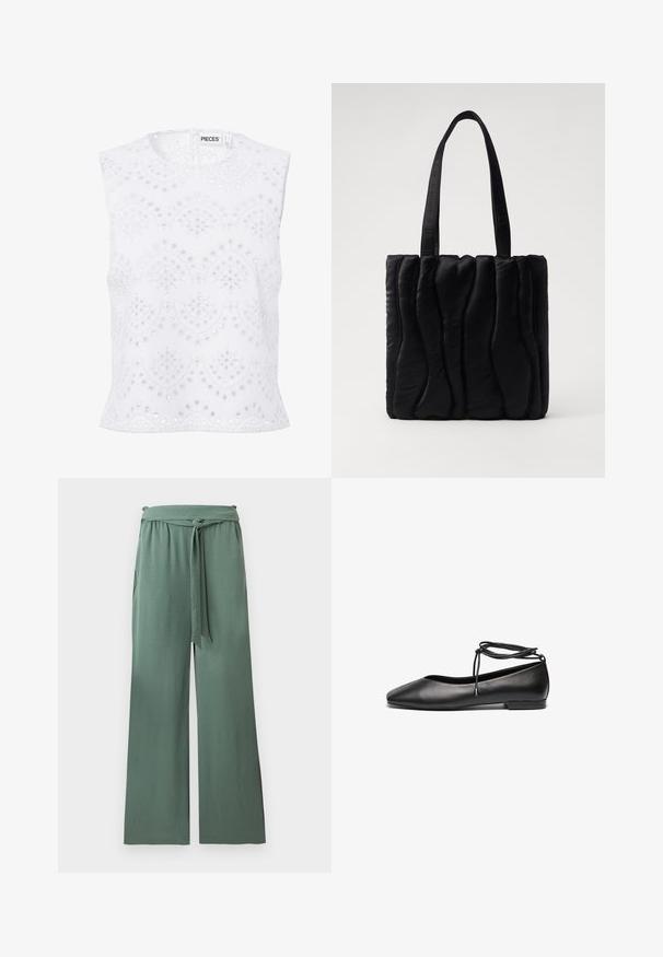 Blouse blanche sans manches avec encolure ronde, broderie anglaise et motifs festonnés, présentée sur un fond uni.; Pantalon vert à jambes larges avec taille élastique et ceinture en tissu nouée, fabriqué dans un matériau doux et texturé, présenté sur un fond blanc.; Ballerines noires en cuir avec un bout pointu, un talon plat et un détail de lacet autour de la cheville. Texture lisse, design minimaliste.; Sac fourre-tout noir en tissu rembourré, avec une texture ondulée, deux poignées robustes et une forme rectangulaire. Design simple et moderne.