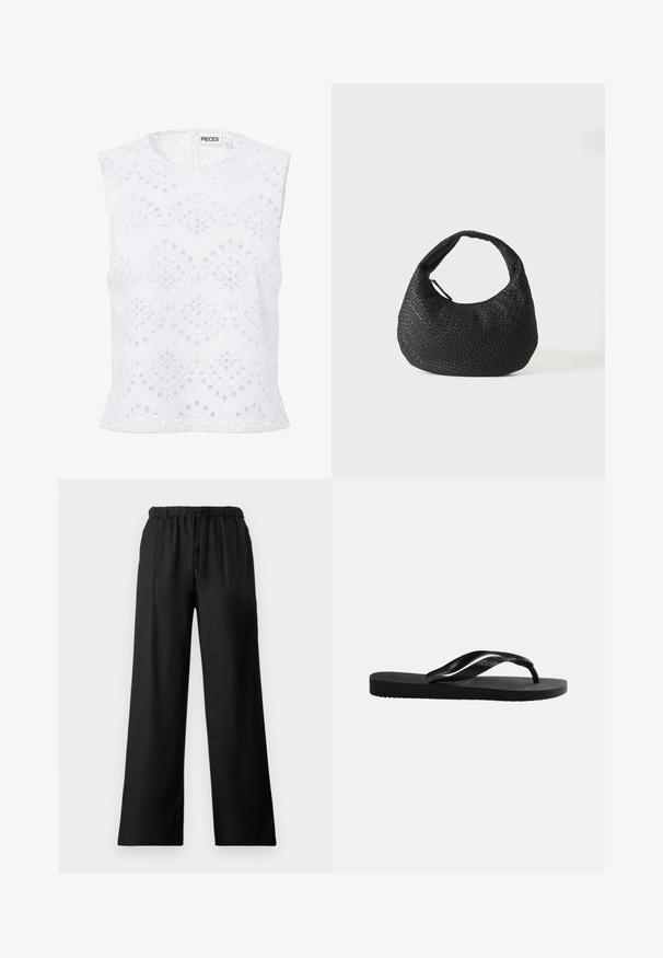Blouse blanche sans manches avec encolure ronde, broderie anglaise et motifs festonnés, présentée sur un fond uni.; Pantalons larges noirs en tissu léger, dotés d'une taille élastique avec cordon de serrage et d'une texture lisse.; Tongs en caoutchouc noir avec semelle texturée et bride en Y lisse sur un fond clair uni.; Sac à main en cuir tressé noir avec une poignée courbée et un corps en forme de croissant, présenté sur un fond blanc uni.
