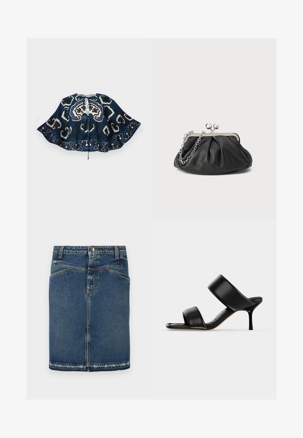 Navy blue cape with wide sleeves, abstract cream and black patterns, and front tie closure on a white background.; Denim skirt featuring a classic blue wash, five-pocket design, and frayed hem. Fastens with a front button and zip closure.; Black leather mule sandal with two wide straps and a slender mid-height stiletto heel on a plain light background.; Black leather clutch with gathered texture, silver-tone metal frame, kiss-lock closure, and chain strap. Smooth, soft surface.