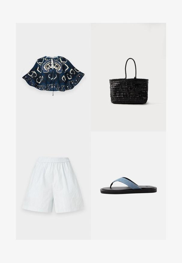 Navy blue cape with wide sleeves, abstract cream and black patterns, and front tie closure on a white background.; Light blue striped shorts with an elastic waistband. Made from a smooth fabric, featuring vertical white stripes and a loose fit design.; Black flat sandal with a light blue fabric thong strap and cushioned sole on a white background.; Black woven leather tote bag with two rounded handles, standing upright on a plain white background.