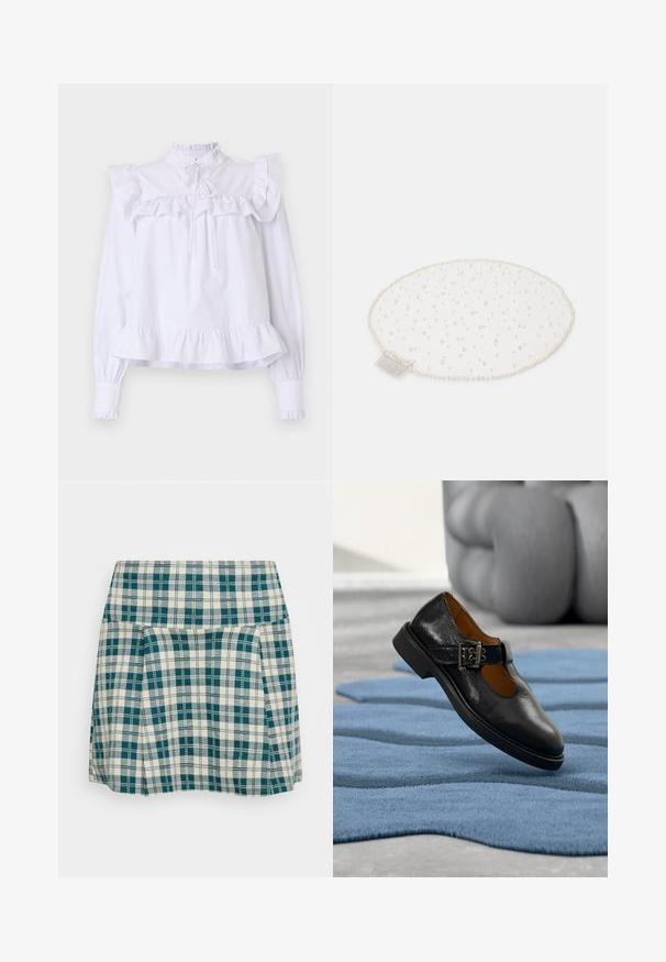 Valge pluus, millel on volangiga krae ja varrukad, pikkade varrukatega, millel on elastsed mansetid, ning gathered hemline, mis tagab mugava sobivuse.; Kreemja ja teali triibuline seelik, millel on voldid, sobiv talje ja kerge kangas. Erakordne ruuduline muster kogu seeliku ulatuses.; Mustast nahast Mary Jane tüüp king pannaliga, hõljumas sinise tekstuuriga vaiba kohal, kus taustal on udune skulptuur.; Valge ümmargune peakatte tükk, mis on õmmeldud tüllist ja kaunistatud dispergeeritud väikeste valehelmestega, sisaldab kinnitamiseks kammi.
