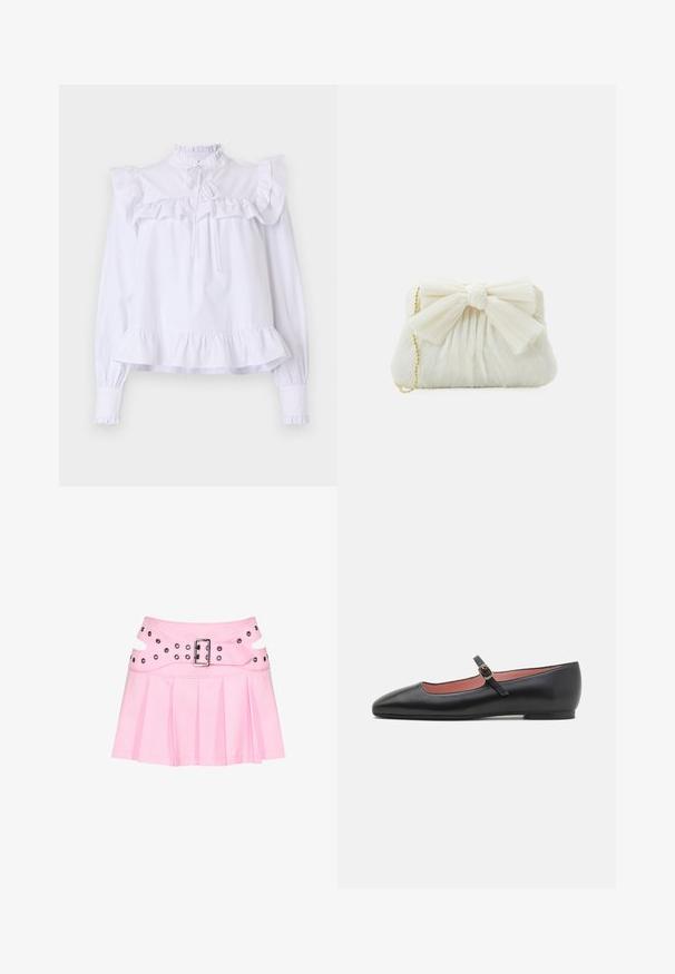 Valge pluus, millel on volangiga krae ja varrukad, pikkade varrukatega, millel on elastsed mansetid, ning gathered hemline, mis tagab mugava sobivuse.; Roosa plisseeritud miniseelik laia topeltkihi vöökohaga, hõbedase pandlaga ja mitme silmusega kinnitamiseks ja kaunistamiseks.; Must mustaineeritud nahast lapik king, millel on terav varvas ja pahkluu rihm, millel on kuldne pandla. Sile tekstuur veidi läikiva viimistlusega.; Valge volditud klamberkott, millel on silmapaistev lipsu detail ja kuldne ketstrap. Pehme tekstuur ja kogutud disain ees.