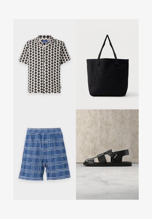 Kortærmet skjorte i et creme- og sort geometrisk mønster. Har en krave-udskæring og knaplukning foran. Lavet af letvægtsstof.; Denim shorts med en flosset kant, der har et blåt ternet mønster. Elastisk talje, lige skæring og blød tekstur.; Sort lædersandal med spænde, åbent tå-design, vist på beige tæppe med sløret brun møbelbaggrund.; Sort canvas-tote-taske med to skulderstropper og et diskret præget cirkeldesign på fronten.