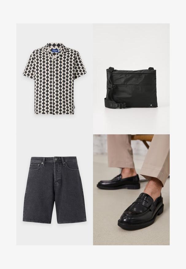Kortærmet skjorte i et creme- og sort geometrisk mønster. Har en krave-udskæring og knaplukning foran. Lavet af letvægtsstof.; Mørkegrå denimshorts med lige snit. Funktioner inkluderer to frontlommer, en baglomme og en metalknaplukning.; Sorte lædermokkasiner med en glat overflade, der har en dekorativ rem og kontraststing, parret med beige bukser.; Sort nylon messenger-taske med justerbar rem, fladt design og et sideetiket med et logo. Glat tekstur og minimalistisk stil.