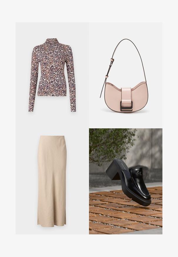 Top de manga larga con cuello alto, hecho de una tela elástica con un estampado de leopardo en tonos rosa, marrón y azul marino.; Samsøe Samsøe AGNETA LONG SKIRT - Falda larga - white pepper; Mule tipo slip-on de cuero negro de Calvin Klein con tacón de bloque descansando sobre baldosas de madera al aire libre cerca de una planta verde y una pared gris.; Pequeño bolso de piel rosa curvado con un acabado brillante, que presenta una correa de acento negra y un gran cierre de broche negro. Diseño cruzado.
