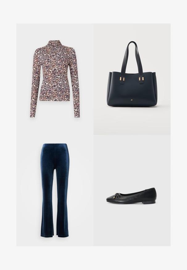 Pitkähihaisa paita, jossa on korkeakauluksinen malli. Valmistettu joustavasta kankaasta, jossa on vaaleanpunaisen, ruskean ja laivastonsinisen leopardi-printti.; Navy blue sametti leveälahkeiset housut, joissa on sileä pinta ja joustava vyötärö, ominaisuutena istuva muotoilu ja leveät lahkeet alaosassa.; Mustat nahka ballet-tyyliset kengät, joissa on terävä kärki, pieni nauha yksityiskohtana ja kultaiset yksityiskohdat, sekä matala, pyöreä kanta.; Musta nahkainen olkalaukku, jossa on kaksinkertaiset kahvat ja kullanväriset metallikoristeet, esitetty vaalean harmaalla taustalla.