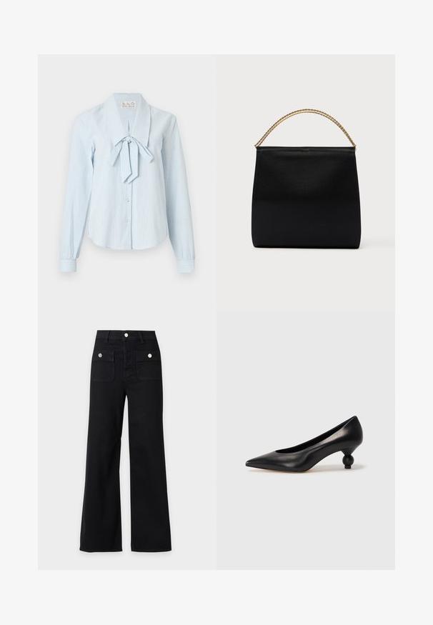 Blouse à manches longues rayée bleu clair avec un grand col et un détail noué au niveau du cou ; confectionnée dans un tissu lisse avec une fermeture à boutons sur le devant.; Pantalon noir à jambes larges, taille haute, deux poches avant à rabat avec boutons argentés, passants de ceinture et fermeture frontale à boutons.; Chaussure à talon haut en cuir noir avec un bout pointu et un talon arrondi. Texture lisse avec un design épuré et minimal.; Sac noir en tissu lisse, présentant une forme structurée, une poignée en chaîne dorée et un design géométrique minimaliste.