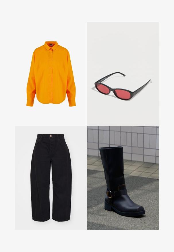 Chemise boutonnée en orange vif, avec un col classique, des manches longues et un ourlet arrondi. Fabriquée dans un tissu léger au toucher soyeux.; Free People GOOD LUCK MID RISE BARREL - Jean boyfriend - soundwave; Botte en cuir noire mi-mollet avec un talon bas et une bride décorative avec boucle en métal, posée sur une surface pavée grise près d'un mur carrelé.; Lunettes de soleil ovales noires avec des branches fines et des verres teintés rouges posées sur une surface blanche.