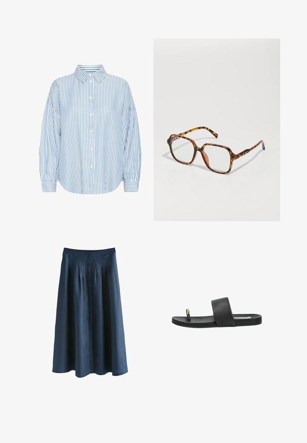 Chemise boutonnée rayée bleu clair et blanche avec un col, coupe ample, manches bouffantes et poignets retroussés. Fabriquée en tissu léger.; Jupe midi bleu marine avec taille haute, fermeture boutonnée devant et plis souples pour une silhouette évasée.; Sandale plate noire à enfiler avec une large bride en cuir et une boucle pour l’orteil, ornée d’un petit accent métallique.; Lunettes écaille de tortue avec une monture carrée, dotées de verres transparents et d'un motif texturé. Les branches ont un design fin et épuré.