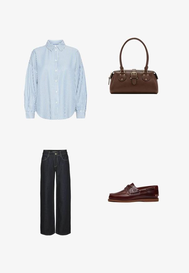 Lyseblå og hvid stribet skjorte med knapper, krave, løs pasform, bløde ærmer og opfoldede håndled. Fremstillet af et let materiale.; Mørkeblå lige ben jeans med frontlommer, bæltestropper og gule kontrastsyninger, vist på en hvid baggrund.; Brun læder bådsko med snørre, syningsdetaljer og Timberland-logo på siden, vist på en hvid baggrund.; Brun læderhåndtaske med to håndtag, en central spænde-strop og guldfarvede beslag, vist mod en hvid baggrund.
