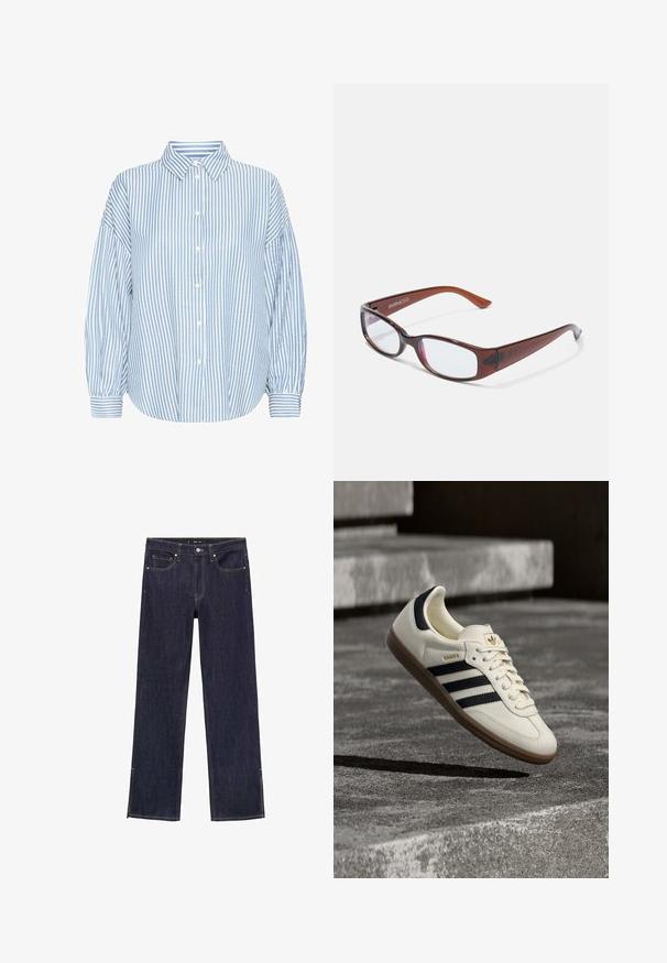 Hellblau-weiße gestreifte Hemdbluse mit Kragen, lockerer Passform, luftigen Ärmeln und geknöpften Handgelenken. Aus leichtem Stoff gefertigt.; Dunkelblaue Denim-Jeans mit geradem Bein, fünf Taschen und kontrastierenden Nähten. Der Saum hat seitliche Einschnitte für zusätzlichen Stil.; Weißer Adidas Samba Sneaker mit schwarzen Streifen und Gummisohle, schwebend über strukturierten grauen Betontreppen.; Braun getönte rechteckige Brille mit glänzender Oberfläche, schlanken Bügeln und transparenten Gläsern. Logo auf dem linken Bügel sichtbar.