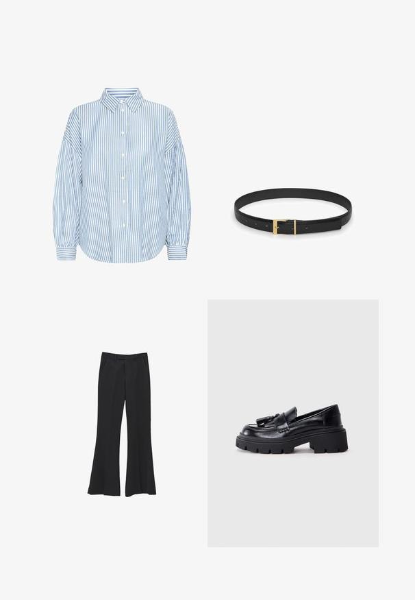 Chemise boutonnée rayée bleu clair et blanche avec un col, coupe ample, manches bouffantes et poignets retroussés. Fabriquée en tissu léger.; Pantalon large noir avec passants de ceinture, poches avant et pli central à l'avant, présenté sur un fond blanc.; Mocassins en cuir noir avec une semelle épaisse et dentelée, ornés d'un pompon décoratif à l'avant et d'une texture lisse et brillante.; Ceinture en cuir noir présentant une texture lisse, une boucle rectangulaire dorée et plusieurs trous pour un ajustement réglable.
