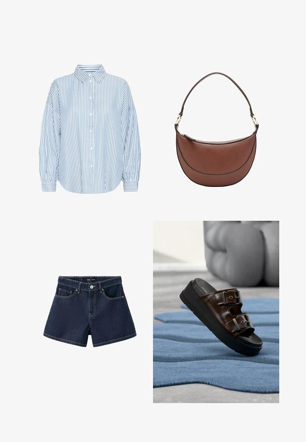 Lyseblå og hvid stribet skjorte med knapper, krave, løs pasform, bløde ærmer og opfoldede håndled. Fremstillet af et let materiale.; Mørkeblå denimshorts med frontknap, lynlås, bæltestropper og to forlommer på ens hvid baggrund.; Brun læder slide-sandal med to justerbare sølvspænder på en sort platformsål, hvilende på et tekstureret blåt tæppe.; Brun skuldertaske i læder med en buet form, et slankt håndtag og kontrasterende syninger. Har lynlås og guldfarvede metaldetaljer.