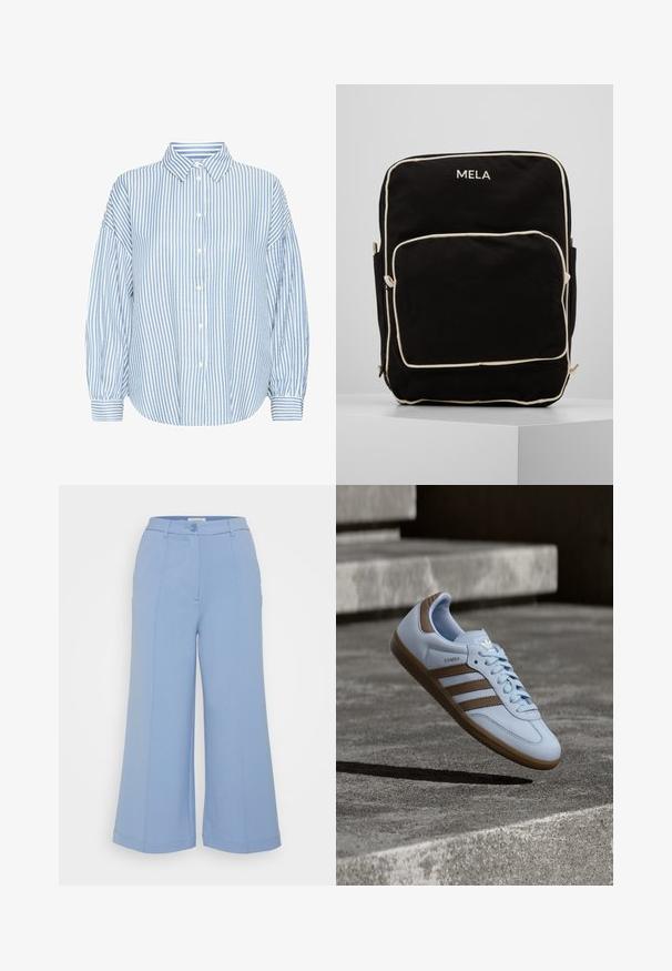 Lyseblå og hvid stribet skjorte med knapper, krave, løs pasform, bløde ærmer og opfoldede håndled. Fremstillet af et let materiale.; Even&Odd Petite Bukser - light blue; Lyseblå sneakers med brune ruskindsdetaljer, tre laterale striber, flade snørebånd og en tekstureret gummisål. Mærkelogo på tungen.; Sort lærred rygsæk med hvid piping, frontlomme med lynlås og broderet "MELA" logo på toppen. Designet med dobbelte sidelommer.
