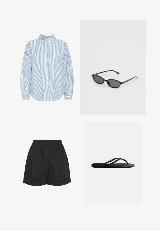 Hellblau-weiße gestreifte Hemdbluse mit Kragen, lockerer Passform, luftigen Ärmeln und geknöpften Handgelenken. Aus leichtem Stoff gefertigt.; Schwarze Shorts aus leichtem Stoff, mit einem elastischen Bund, glatter Textur und einem dezenten dekorativen Saum.; Schwarze Gummizehensandale mit strukturiertem Fußbett und dünnen, Y-förmigen Riemen vor einfachem weißem Hintergrund.; Schwarze Sonnenbrille mit ovalem Gestell, dunklen getönten Gläsern, schlanken Bügeln und dezentem Markennamen auf der Innenseite des linken Bügels.