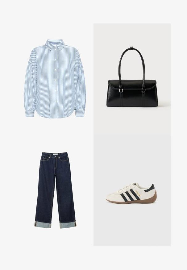 Lyseblå og hvid stribet skjorte med knapper, krave, løs pasform, bløde ærmer og opfoldede håndled. Fremstillet af et let materiale.; Mørkeblå vide jeans med højt talje, med opfoldede vamsser, kontrastsyning og fem-lommers design. Lavet af denim stof.; Hvid Adidas-sneaker med sorte striber, brun tekstureret sål og "SPEZIAL" i guldbogstaver på siden, set fra ydersiden.; Sort rektangulær læderhåndtaske med klaplukning og to lange håndtag mod en ensfarvet hvid baggrund.