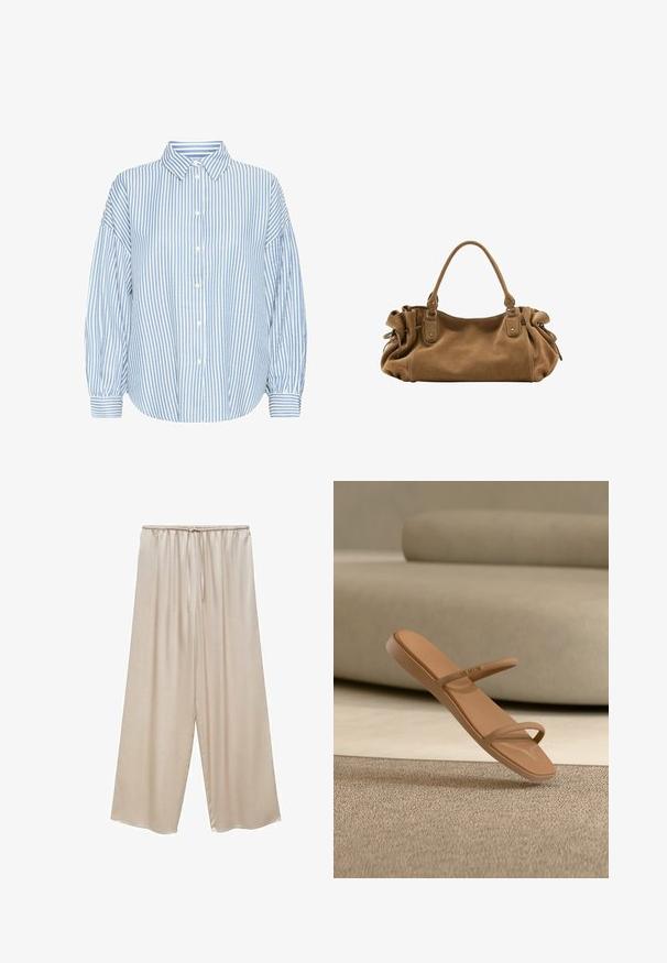 Camisa abotonada de rayas azul claro y blanca con cuello, corte holgado, mangas amplias y puños doblados. Fabricada con una tela ligera.; Pantalones de pierna ancha color beige claro con una textura suave y brillante. Presentan una cintura elástica con cordón para un ajuste ajustable.; Sandalia marrón de tipo slip-on con dos tiras delgadas, mostrada sobre una superficie texturizada beige y frente a un fondo acolchado de color beige claro.; Bolso de mano de ante marrón suave con un solo asa superior y detalles laterales recogidos asegurados con correas de cuero y anillas de metal.