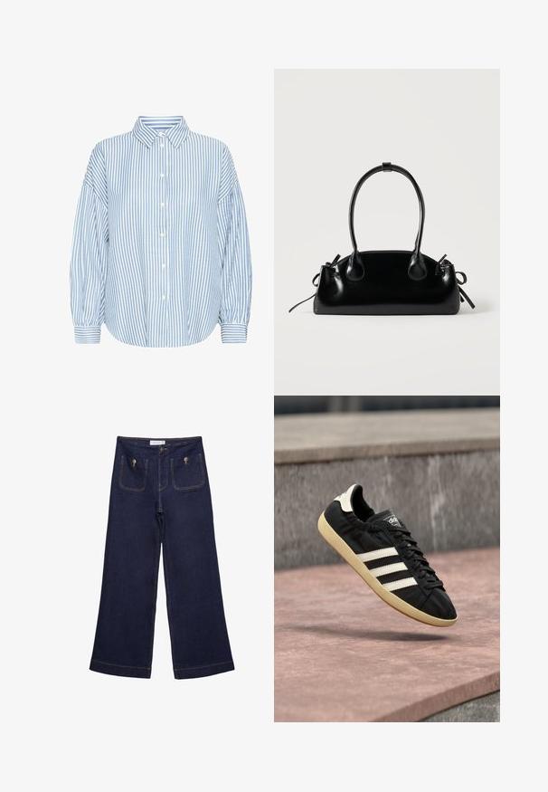 Hellblau-weiße gestreifte Hemdbluse mit Kragen, lockerer Passform, luftigen Ärmeln und geknöpften Handgelenken. Aus leichtem Stoff gefertigt.; Dunkelblaue Jeans mit weitem Bein und hoher Taille, vordere aufgesetzte Taschen mit Metallknöpfen und sichtbaren Nähten.; Schwarzer Adidas-Sneaker mit weißen Streifen und beiger Sohle, in der Luft über einer steinernen Oberfläche und mit Steinwand im Hintergrund aufgenommen.; Kleine schwarze glänzende Handtasche mit zwei langen Griffen und seitlichen Kordelzug-Details vor einfachem hellem Hintergrund.