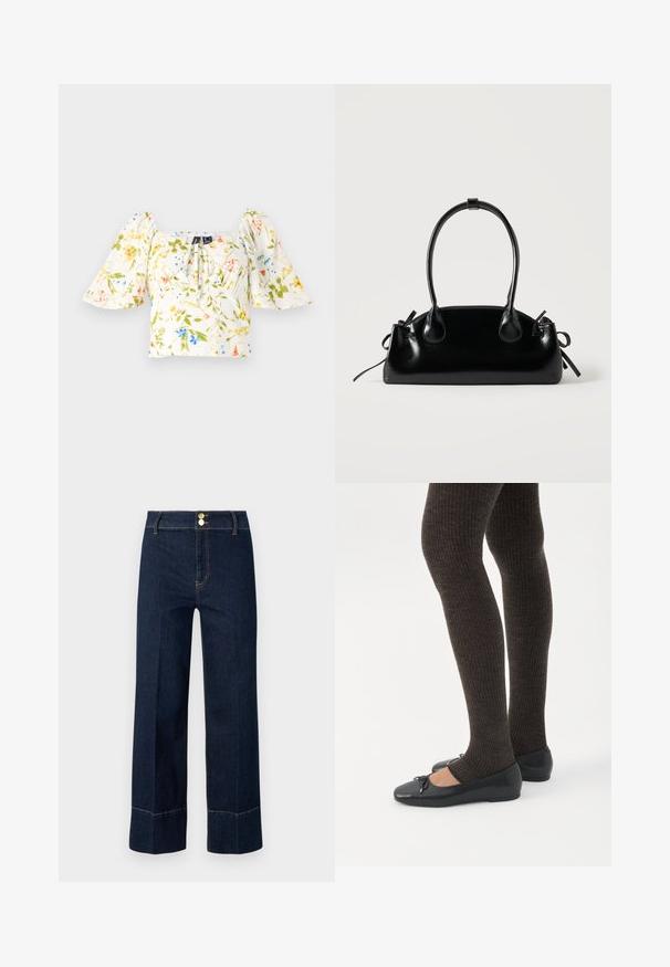 Top court floral avec des manches bouffantes, se caractérise par un décolleté carré, tissu principalement blanc avec des motifs floraux verts, jaunes et bleus.; Jeans taille haute large bleu marine avec double bouton doré et surpiqûres orange visibles sur un fond clair.; Jambes portant des leggings côtelés foncés associés à des ballerines noires avec de petits détails en nœud sur fond blanc.; Petit sac à main noir brillant avec deux longues anses et des détails à cordon sur les côtés sur un fond clair uni.