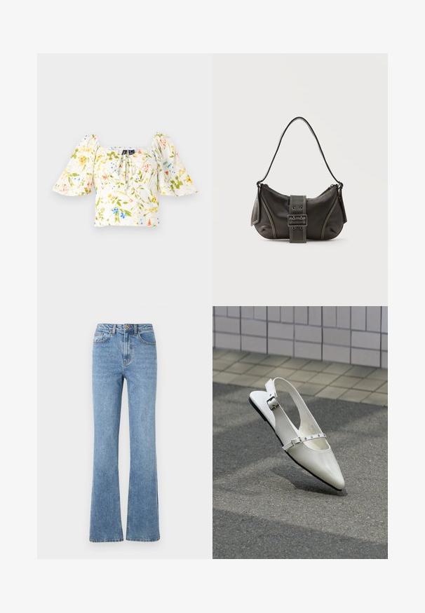 Top court floral avec des manches bouffantes, se caractérise par un décolleté carré, tissu principalement blanc avec des motifs floraux verts, jaunes et bleus.; Jean en denim bleu clair avec un design à jambe évasée, taille haute et quincaillerie minimale. Présente un style classique à cinq poches et une couture discrète.; Chaussure plate slingback blanche pointue avec deux boucles argentées, présentée en extérieur sur un sol texturé et un mur carrelé en arrière-plan.; Sac à épaule en cuir noir avec une sangle à boucle, des bords arrondis et des coutures blanches contrastées sur un fond uni.