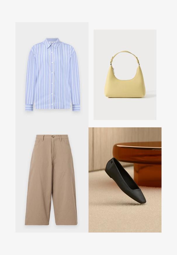 Chemise à manches longues bleu clair avec des rayures blanches verticales, col boutonné et fermeture à boutons à l'avant ; tissu lisse avec un design structuré.; Pantalons larges kaki en coton, dotés d'une taille haute, de poches frontales et d'une fermeture à bouton unique. Texture lisse et coupe droite.; Chaussure plate noire à bout pointu reposant sur un tapis beige près d'une table ronde de couleur ambre dans un décor minimaliste.; Sac à main en cuir jaune avec une silhouette incurvée, une bandoulière courte réglable et un compartiment zippé. Présente un logo subtil à l'avant.