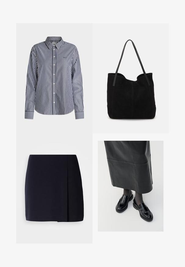 Chemise à manches longues boutonnée avec des rayures verticales bleu marine et blanches et un col classique, présentée sur un fond uni.; Une mini-jupe noire à silhouette droite, fabriquée en tissu doux, avec un pli latéral pour un détail supplémentaire et un ourlet net.; Mocassins en cuir noir avec une finition lisse, ornés d'une bande décorative, à bout rond et avec une semelle texturée. Portés avec une longue jupe en cuir noir.; Sac fourre-tout en suède noir avec deux longues anses en cuir plates. Présente un bord supérieur incurvé et des coutures visibles sur le devant. Pas d'accents en métal.