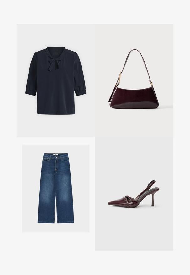 Blouse bleu marine avec des manches bouffantes jusqu'aux coudes et un petit nœud noué au niveau du col, présentée sur un fond clair uni.; Jean en denim bleu taille haute à jambes larges avec bouton avant, fermeture éclair, passants de ceinture, cordon de serrage et détails délavés sur les cuisses.; Escarpin slingback en cuir verni bordeaux avec bout pointu, fine bride à la cheville et petit détail décoratif de boucle. Texture lisse et talon haut.; Sac à main en cuir brun foncé brillant avec une bandoulière simple et des détails en métal doré sur un fond uni.