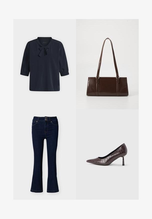 Blouse bleu marine avec des manches bouffantes jusqu'aux coudes et un petit nœud noué au niveau du col, présentée sur un fond clair uni.; Jean flare en denim bleu foncé avec fermeture à double bouton à la taille et poches avant, présenté sur un fond clair uni.; Escarpins à bout pointu en similicuir marron avec une texture crocodile, dotés d’un talon fin et angulaire ainsi que d’une doublure intérieure lisse.; Sac à main en cuir verni marron de forme rectangulaire, avec deux longues poignées et des accents courbés subtils à l'avant.