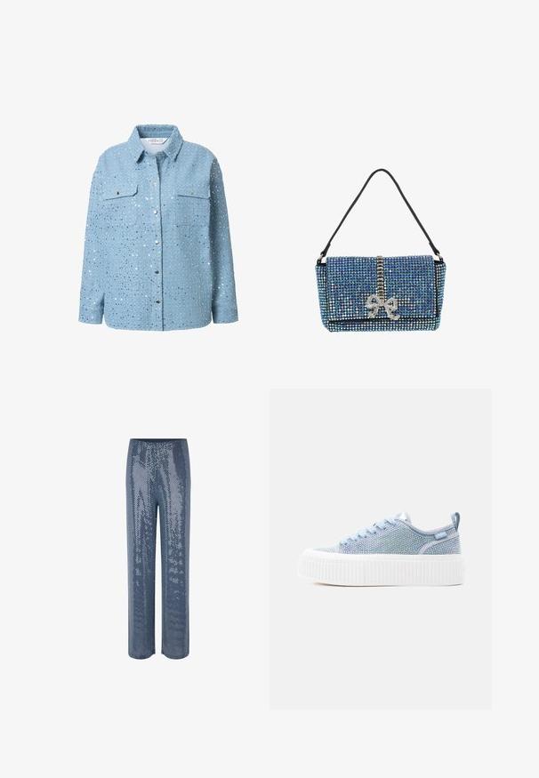 Lysblå denimskjorte med sølvfarvede pailletter, lange ærmer, krave, to brystlommer og trykknaplukning. Glat tekstur og detaljeret udsmykning.; Stribede wide-leg bukser i en mørkeblå nuance; har en glat talje og en blank, struktureret overflade med cirkulære palietter overalt.; Lyseblå platform-sneaker med krystalpynt, hvid tyk ribbet sål, stofsnørebånd og trækstrop ved hælen.; Blå krystalklædt håndtaske med sort rem, der har en central sølvfarvet rhinsten lodret stribe og en sløjfeformet pynt på frontklappen.