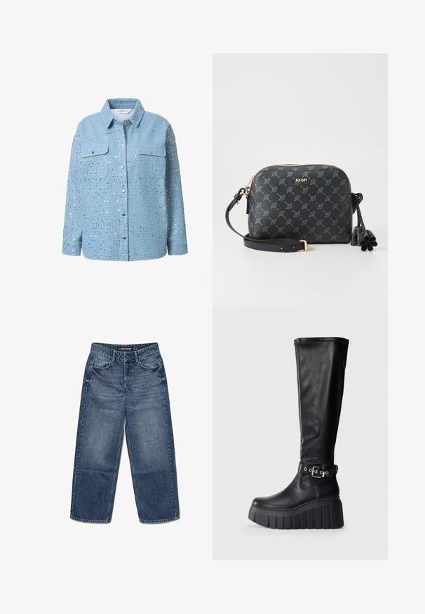 Lysblå denimskjorte med sølvfarvede pailletter, lange ærmer, krave, to brystlommer og trykknaplukning. Glat tekstur og detaljeret udsmykning.; Blå denimjeans med en løs pasform, der har et fem-lomme-design, knaplukning og subtilt slid i stofstrukturen.; Sorte knæhøje støvler lavet af glat læder, med en tyk platformsål, en chunky hæl og en justerbar bælteaccent nær anklen.; JOOP! CORTINA CLOE SHOULDERBAG - Skuldertasker - dark navy