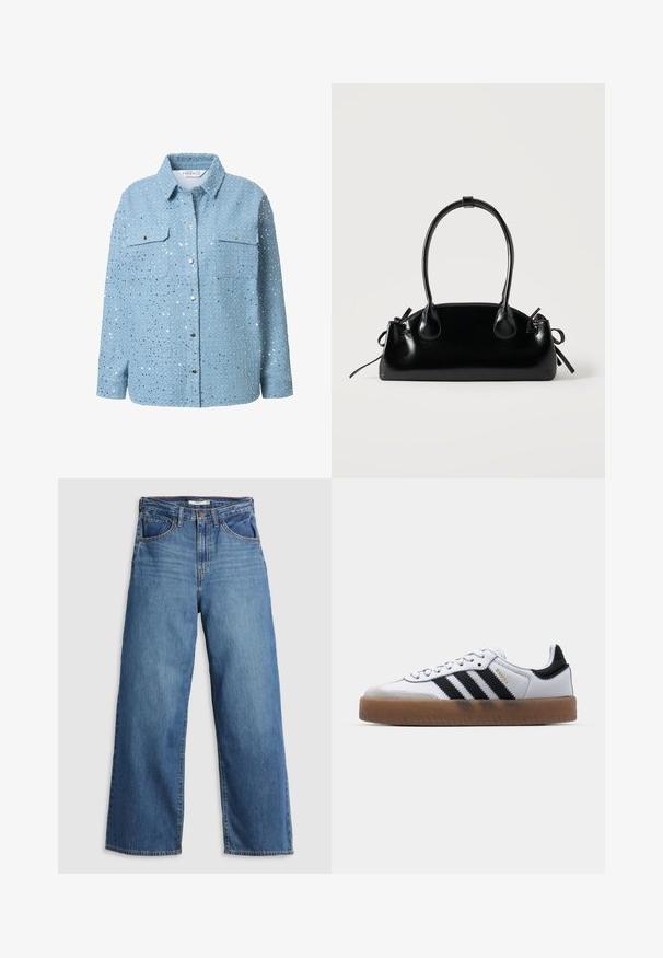 Lysblå denimskjorte med sølvfarvede pailletter, lange ærmer, krave, to brystlommer og trykknaplukning. Glat tekstur og detaljeret udsmykning.; Blå denim brede jeans med høj talje, der har fem lommer, kontrastsyning og lynlås.; Hvide lædersneakers med sorte striber, gummirubber sål, rund tå, snørelukning og blød grå ruskinds tåhætte.; Lille sort blank håndtaske med to lange håndtag og snøre-detaljer i siden på en ensfarvet lys baggrund.
