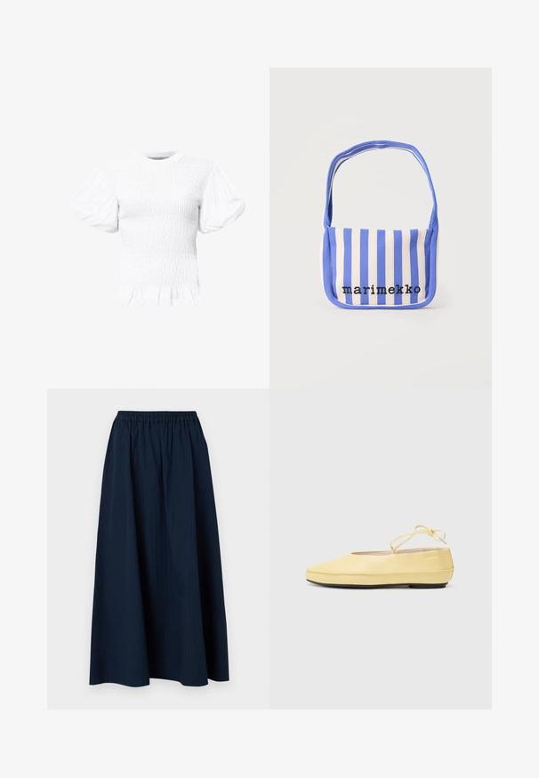 AllSaints DAEL - Μπλούζα - optic white; Μπλε ναυτικού, φούστα πλήρους μήκους από υφασμάτινη επιφάνεια με ελαστική μέση και διακριτές κατακόρυφες ρίγες.; Κίτρινες δερμάτινες μπαλαρίνες με στρογγυλή μύτη, λεπτό λουράκι στον αστράγαλο και μαύρη καουτσούκ σόλα. Λείος υφασμάτινος τύπος με ελάχιστες λεπτομέρειες σχεδίασης.; Τσάντα ώμου από ύφασμα με κατακόρυφες μπλε και λευκές ρίγες, με το κείμενο «marimekko» κεντημένο με μαύρα γράμματα στο μπροστινό μέρος.