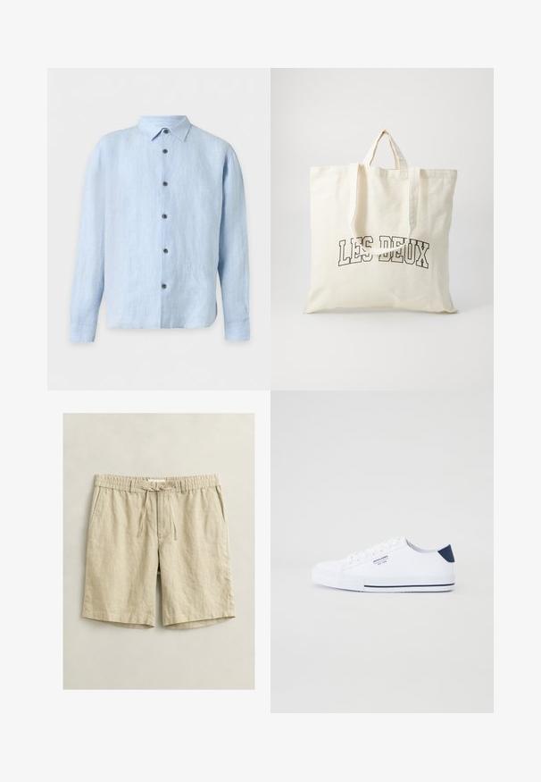 Chemise bleu clair à manches longues avec col classique et boutons foncés au devant sur fond blanc.; Shorts décontractés beiges mi-cuisse avec taille élastique, cordon de serrage, bouton de fermeture et poches latérales, posés à plat sur un fond clair.; Baskets en toile blanches avec un accent de talon marine, semelle en caoutchouc plate, bout rond et lacets blancs. Présente un logo sur le côté.; Sac fourre-tout en toile de couleur ivoire, avec des poignées courtes et le texte imprimé "LES DEUX" en lettres noires en gras. Design durable et simple.