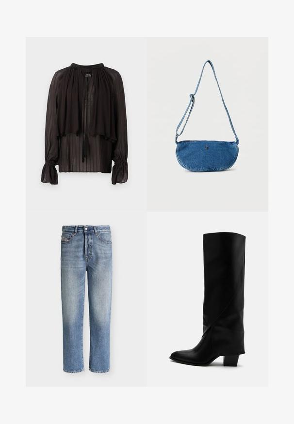 Sort, gennemsigtig bluse med høj hals, lagdelt front, elastiske manchetter og dekorative frynser. Har vertikal stribetekstur.; Blå falmede straight-leg denim jeans med knap- og lynlåslukning, for- og møntlommer, vist mod en ensartet lys baggrund.; Høj sort læderstøvle med skråt syning, spids tå og kraftig mellemhøj hæl på hvid baggrund.; Blå denim crossbody taske med justerbar rem og lille metallisk logo foran, vist mod hvid baggrund.