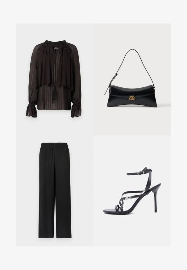 Blusa negra transparente con un cuello alto, frente con capas, puños elásticos y borlas decorativas. Presenta una textura de rayas verticales.; Pantalones negros de pierna ancha con cinturilla elástica, hechos de una tela suave y ligera. Presenta un corte recto y sin patrones visibles.; Sandalia negra de tacón alto con tiras finas, hebilla en el tobillo y detalle de logo metálico en la tira lateral, sobre un fondo blanco.; Bolso de mano de cuero negro con forma trapezoidal curva, asa superior y cierre decorativo dorado en la solapa frontal sobre fondo blanco.
